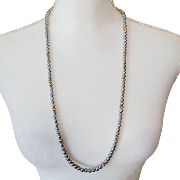 Vintage Sarah Coventry Gray Faux Pearl Necklace Gold Melon Beads Single Strand - Picture 1 of 6